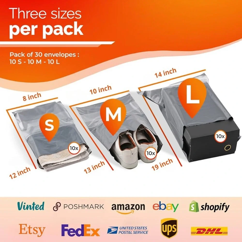 (30 pack) 3 Various Sizes Poly Mailers with Label Envelope